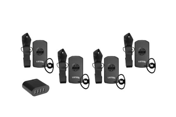 Composite image of four RF receivers, four neck straps, four ear buds, and one 4-port USB charger.