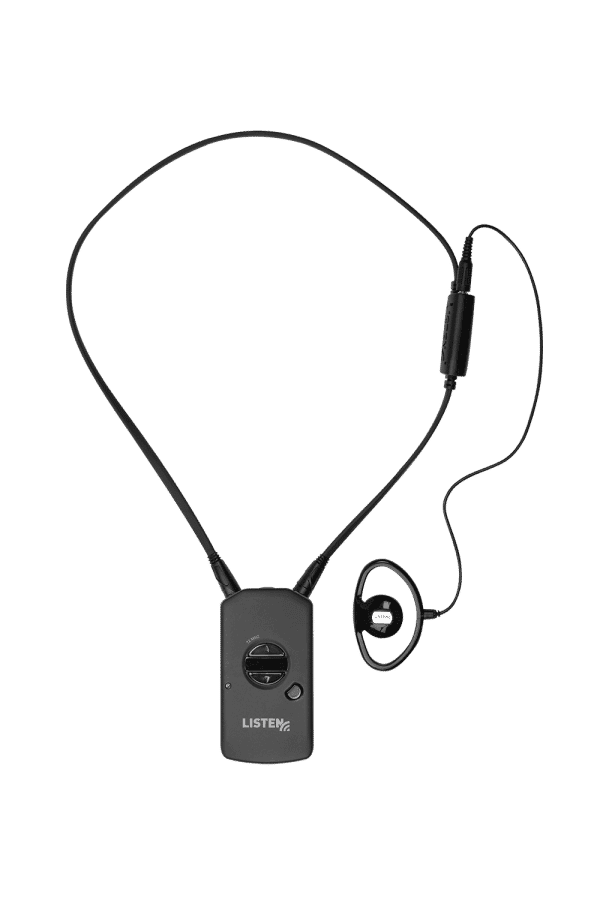 One RF receiver with an attached neck loop and an attached ear bud.