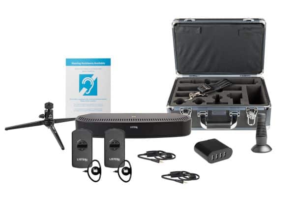 System image of the infrared system with two receivers, two neck loops, a charger, an antenna, signage, and a storage case.