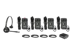 This picture is of the ListenTALK Base-4 System, which includes four (4) ListenTALK Transceivers w/Leader Clips, one (1) Headset 2 (Over Head w/ Boom Mic), and one (1) 4-Port USB Charger.