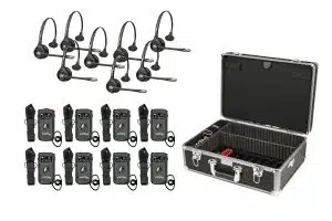 This picture is of the ListenTALK Collabor-8 System, which includes eight (8) ListenTALK Transceivers w/Leader Clips, eight (8) Headset 2 (Over Head w/ Boom Mic), and one (1) Docking Station Case 16.