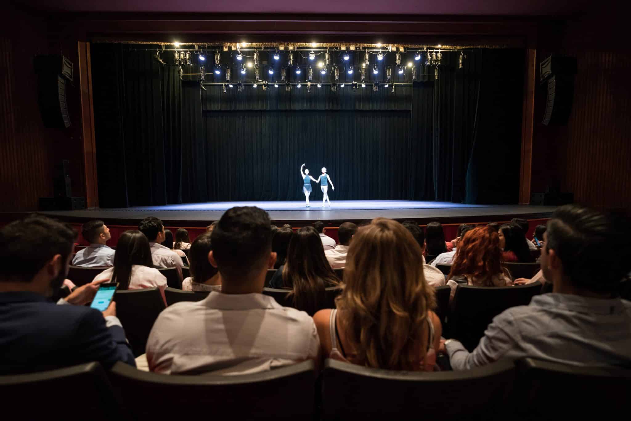 People at a theater looking at a dress rehearsal of ballet performing arts