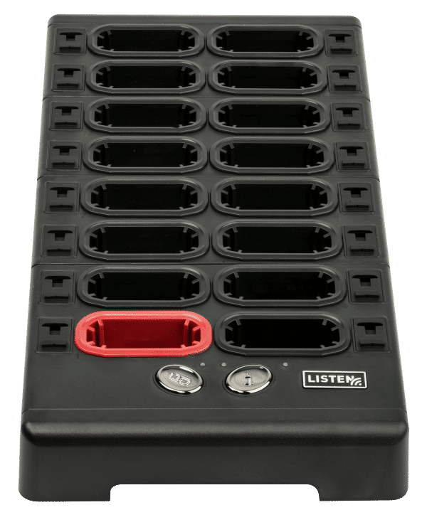 LA-480 Docking Station 16 with 16 slots for charging 16 ListenTALK transceivers and receivers, a pairing button, storage for leader clips, an info button, and the Listen Technologies logo