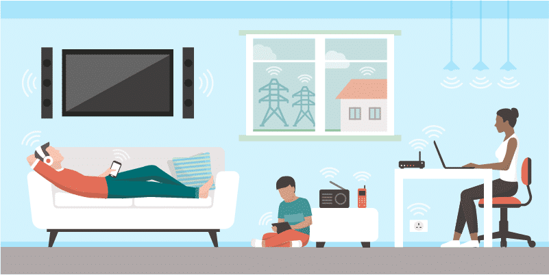 Animated family with wi-fi devices throughout their home