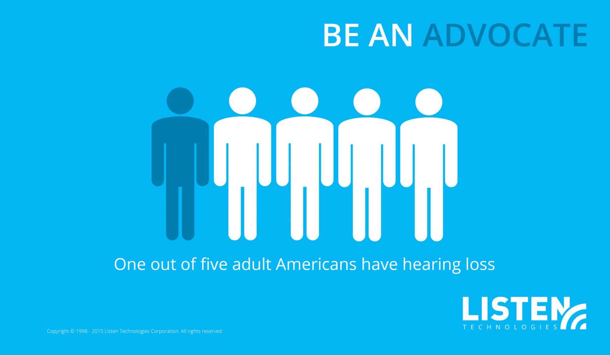 Graphic that reads, "Be an advocate. One out of five adult Americans have hearing loss" showing five people figures with one colored dark blue to represent the number of those with hearing loss.